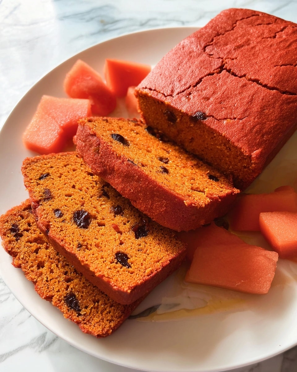 A close-up of a bright red cake slice with dark spots inside held by a woman's hand. The cake has a soft, crumbly texture with a slightly darker crust on the edges. Underneath the slice, a whole rectangular cake of the same bright red color rests on a white plate with more scattered red pieces around it. The whole setup sits on a white marbled surface with a colorful patterned cloth partially visible in the corner. Photo taken with an iphone --ar 4:5 --v 7
