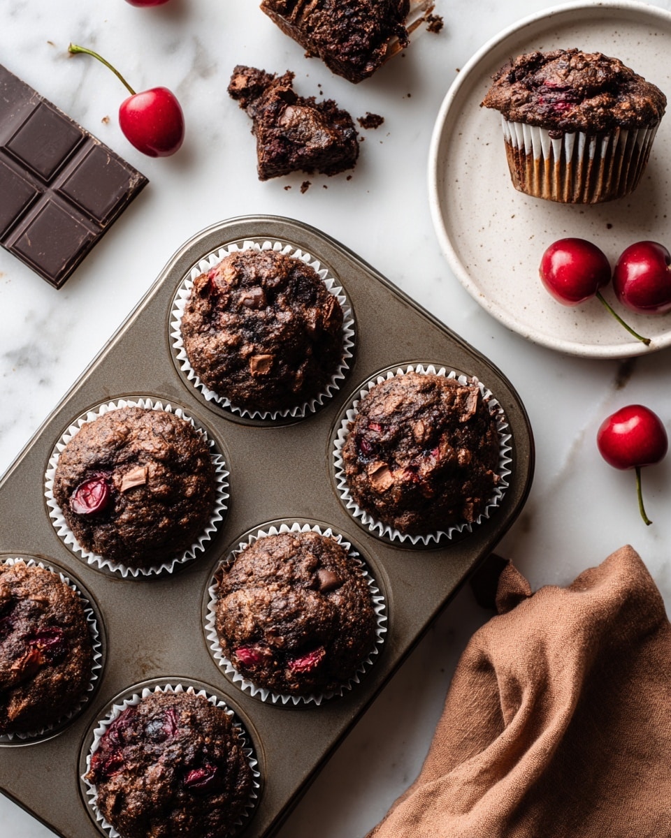 A metal muffin tray holds six dark brown chocolate cherry muffins in white paper liners, each muffin showing rough, bumpy tops with visible chunks of cherries peeking through. To the left of the tray, there are some square pieces of dark chocolate and two whole bright red cherries with stems. In the top left corner above the tray, there are two broken pieces of a muffin revealing a moist, textured inside with cherries. On the right side, a white plate holds one muffin with visible cherry pieces, and a brown cloth is partially visible at the bottom right. The surface is a white marbled texture. Photo taken with an iphone --ar 4:5 --v 7