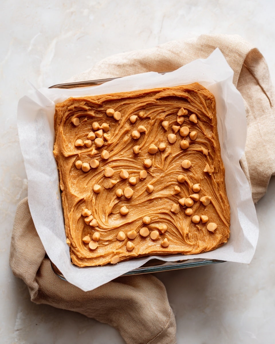 A square glass baking dish lined with white parchment paper holds a thick layer of light brown dough with a smooth, swirled texture, topped with scattered light tan chips evenly spread on the surface. The dish is placed on a white marbled texture surface, with a beige cloth folded nearby. The dough fills the dish almost fully, with a slightly uneven, homemade look to the swirls. photo taken with an iphone --ar 4:5 --v 7