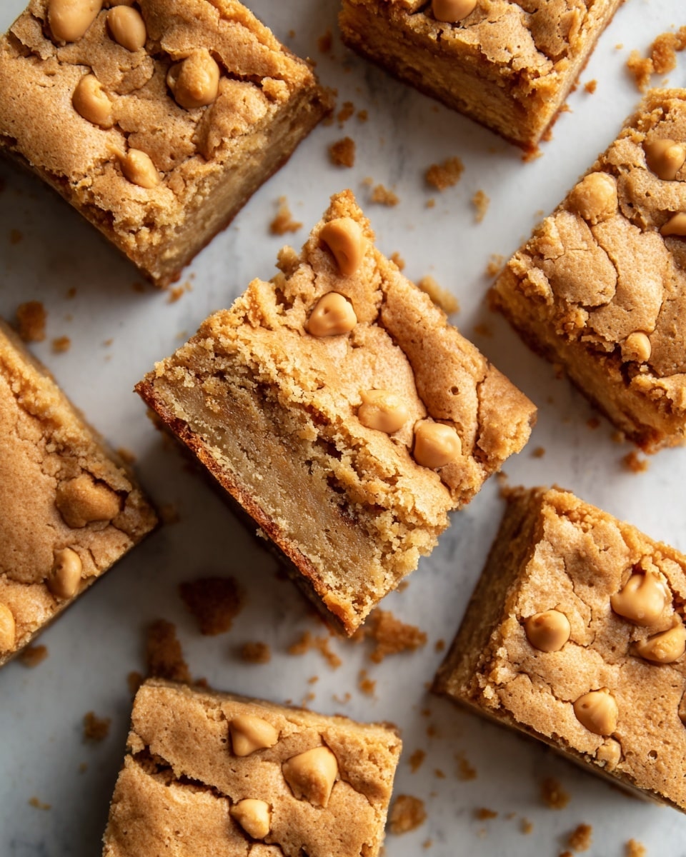 A stack of four thick, square blondie bars shows off a soft, chewy texture with visible chunks of light beige nuts inside each layer. The bars have a golden brown color and slight crumbly edges. They are placed on a piece of parchment paper on a white plate, which rests on a white marbled surface. Scattered nut pieces and crumbs surround the plate. A blurred background with soft lighting adds a warm, inviting feel. photo taken with an iphone --ar 4:5 --v 7