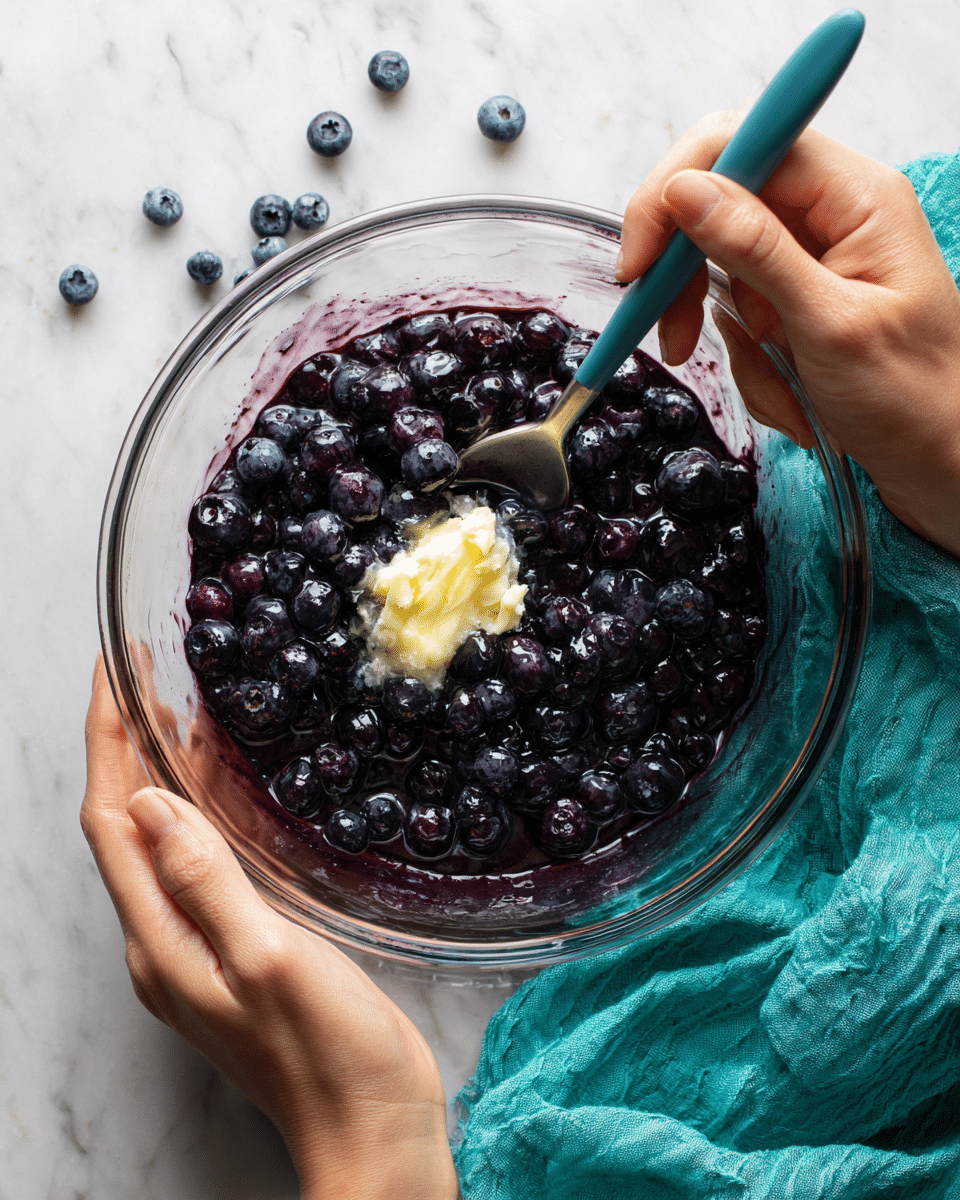 A clear glass bowl sits on a white marbled surface with a small pile of dark blue and black blueberries inside, mixed with a glossy dark purple sauce. In the center of the blueberries is a dollop of pale yellow butter melting slightly into the sauce. Two woman's hands hold the bowl and a blue spoon, as if stirring the mixture. A teal cloth lies to the right of the bowl, adding a bright splash of color to the scene. Photo taken with an iphone --ar 4:5 --v 7