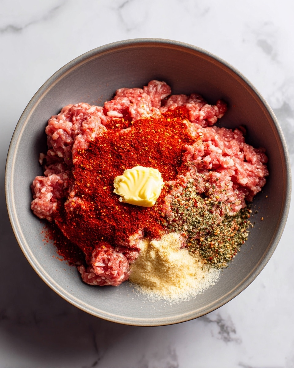 The image shows a close-up of raw ground meat in a pan, with several layers of seasonings scattered on top. The bottom layer is chunky raw pink ground meat with a soft texture. On top of this, there is a layer of red chili powder mixed with garlic powder, giving a mix of fine and slightly coarse textures. There is also a small dollop of light yellow butter sitting in the center. The pan itself has a smooth gray color with slight shine, and the scene is set against a white marbled texture background. photo taken with an iphone --ar 4:5 --v 7