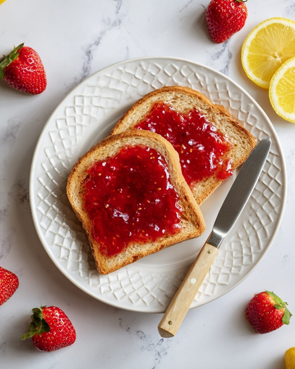 Two slices of light brown toasted bread are placed on a white plate with a diamond pattern. The front slice has a thick, glossy layer of bright red strawberry jam spread unevenly in the center. A silver spreading knife with a light wooden handle rests on the jam, angled slightly to the right. Around the plate on a white marbled surface, there are whole red strawberries with green tops and two lemon slices, adding fresh and vibrant colors to the scene. photo taken with an iphone --ar 4:5 --v 7