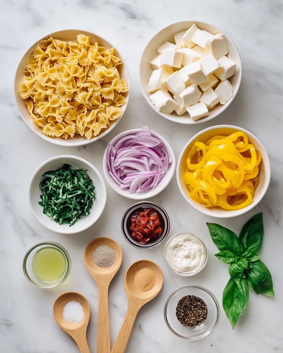 The image shows an arrangement of small white bowls and wooden spoons on a white marbled surface, each holding different ingredients. In the center at the top is a white bowl filled with yellow uncooked farfalle pasta. To the right, a white bowl holds pale cream cheese cubes, below it is another white bowl with bright yellow sliced peppers, and above it a white bowl with a white creamy sauce. On the left side are a white bowl with sliced red onions, a clear bowl with chopped green herbs, and a clear bowl with a red chunky sauce. Below these are two small white bowls, one with light green liquid and the other with a darker brown liquid. In front of these are three wooden spoons containing light beige powder, black pepper, and salt. Two fresh green basil leaves lie near the bottom right. The photo was taken with an iphone --ar 4:5 --v 7