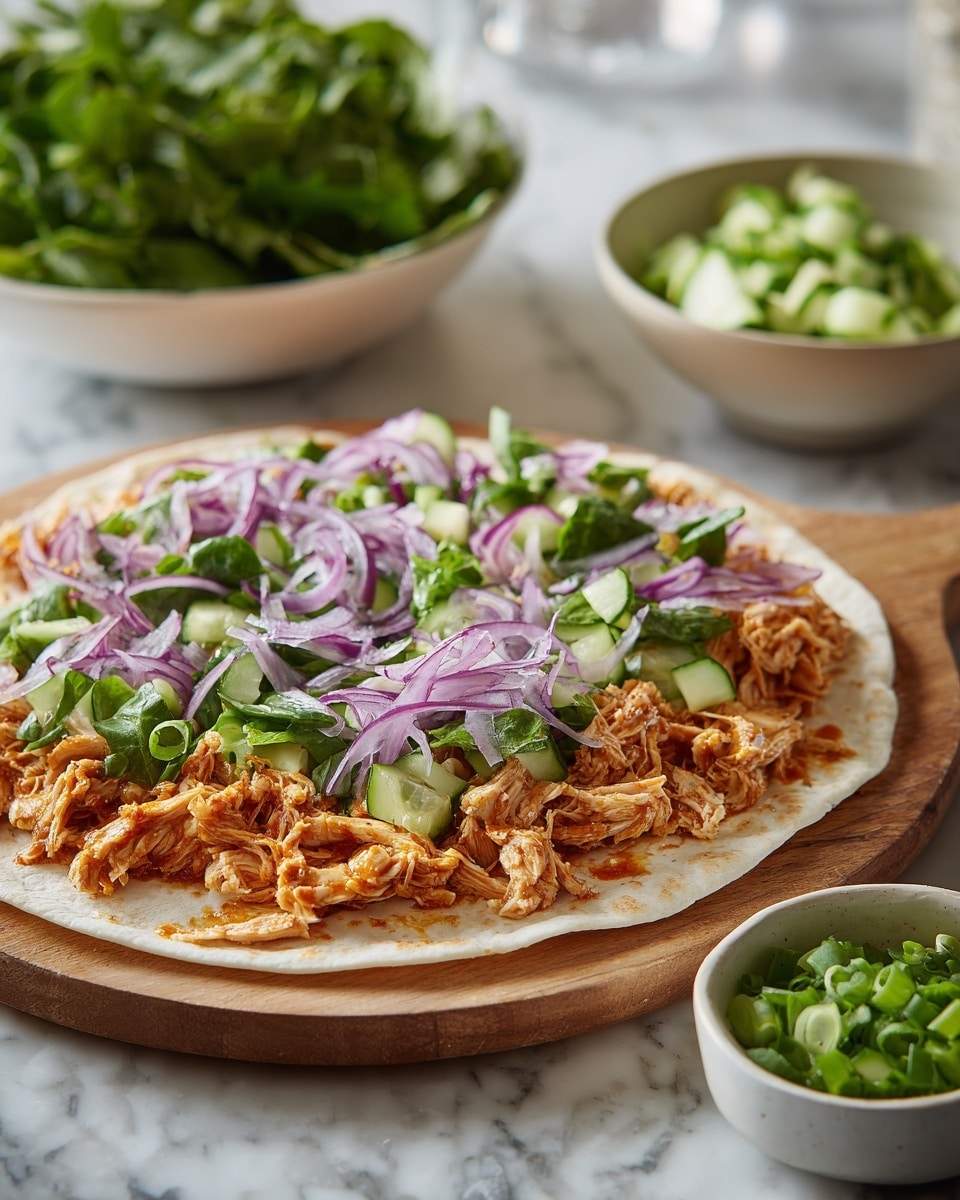 A large white tortilla lies flat on a wooden board, topped with three main layers: the bottom layer is shredded orange-colored cooked chicken, the middle layer is bright green chopped cucumber pieces and leafy watercress, and the top layer is thinly sliced purple-red onions arranged loosely. The scene includes a white bowl with chopped green onions at the front right and a larger bowl of fresh green leafy watercress in the background, all on a white marbled surface. Photo taken with an iphone --ar 4:5 --v 7