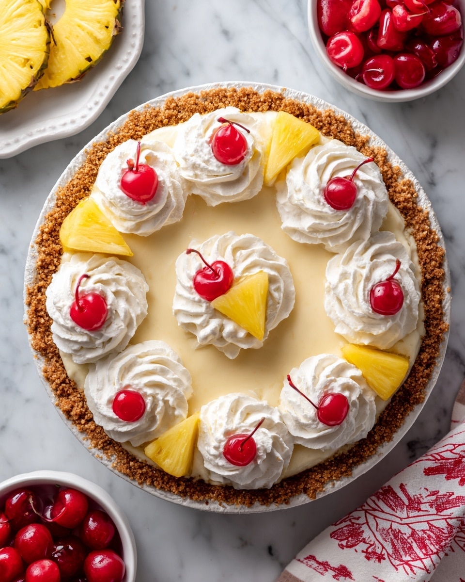 A pie with one visible slice missing shows a crunchy light brown crust at the base. Above the crust, there is a thick layer of creamy white filling with chunks of pale yellow fruit mixed in. On top of the pie, there are swirls of white whipped cream decorated with small red cherries and yellow fruit pieces. In the background, there is a white bowl filled with cherries and a white plate with parts of another dessert, all resting on a white marbled surface. Photo taken with an iphone --ar 4:5 --v 7