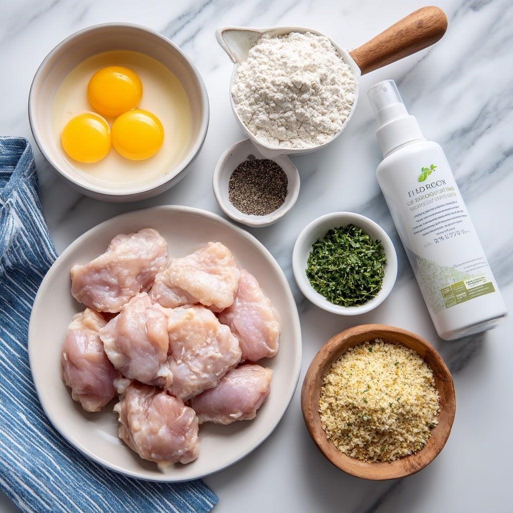 The image shows raw chicken pieces placed on a white plate near the center bottom left. To the top left, there is a white bowl with two cracked eggs, showing yellow yolks and clear whites. Above the chicken plate, there is a measuring cup filled with white flour and a wooden handle. Next to it on the right is a white spray bottle with green and black labels. Below the spray bottle, a small white bowl contains black pepper, and beneath it on the right side is another small white bowl filled with chopped green herbs. At the bottom right, there is a wooden small bowl filled with salt. At the bottom center, a larger white bowl holds golden-brown breadcrumbs. The setup is on a white marbled surface with a blue-striped cloth on the lower left corner. Photo taken with an iphone --ar 4:5 --v 7