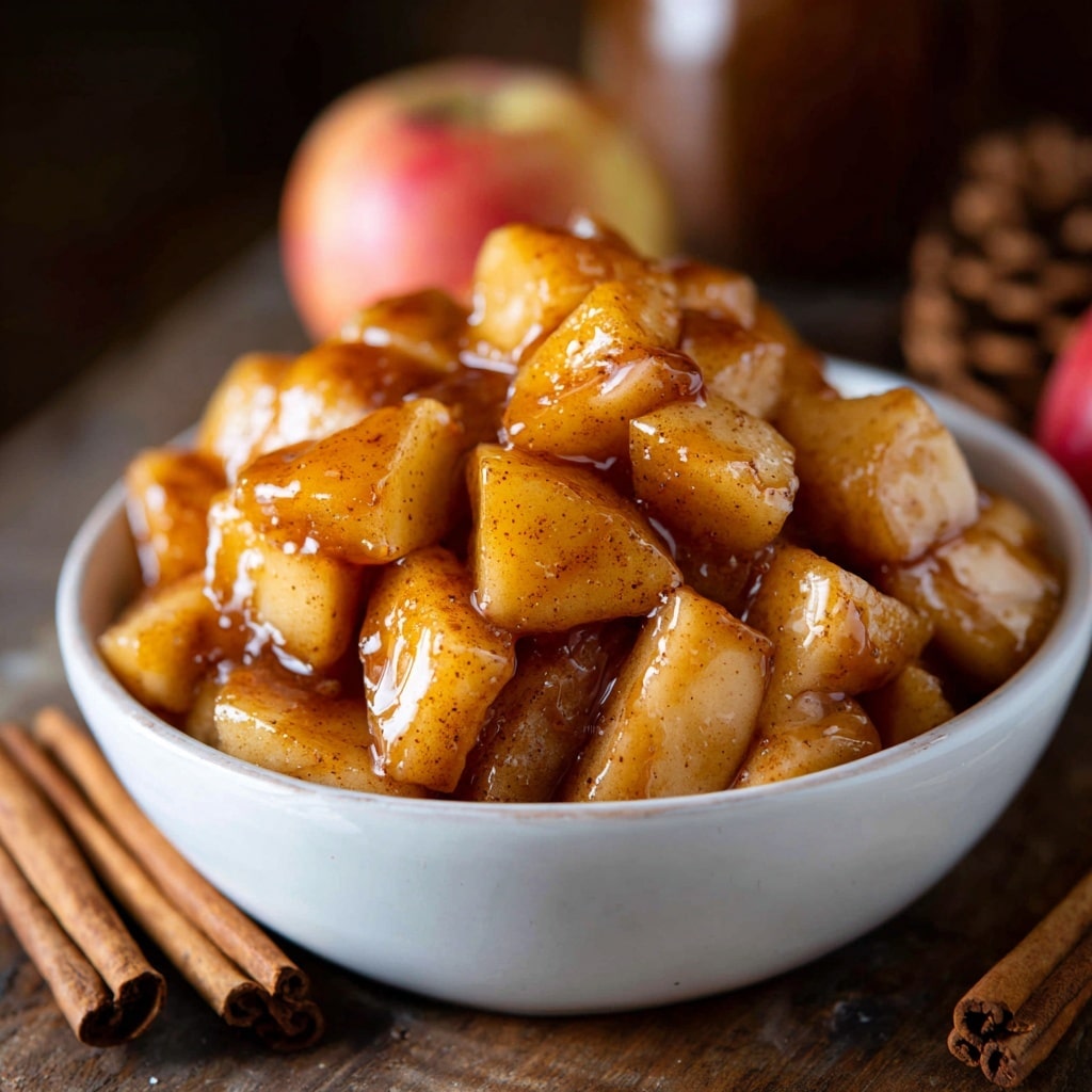 A white bowl filled with small pieces of cooked apples coated in a shiny, light brown cinnamon sauce, giving the slices a glossy look with visible specks of cinnamon throughout. The bowl sits on a wood surface with cinnamon sticks and an apple nearby, creating a warm, inviting setting. The apple pieces are piled high, showing a mix of soft texture and a bit of firmness, with sauce dripping slightly over the edges. photo taken with an iphone --ar 4:5 --v 7