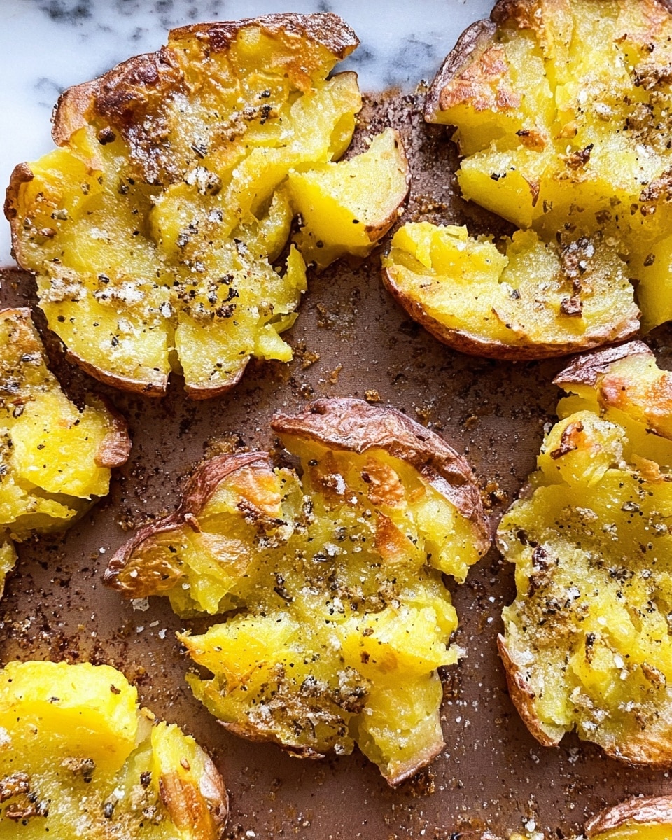 The image shows several golden-brown smashed potatoes on a baking tray covered with parchment paper. Each potato has a rough, uneven shape with a crispy, slightly cracked top layer in light brown and darker brown tones, exposing the soft, bright yellow interior. The potatoes have tiny bits of garlic and greenish herbs sprinkled on top, with some black pepper visible. The edges of the potatoes are crisp and slightly darker, giving a crunchy texture to the base. The tray sits on a white marbled surface. photo taken with an iphone --ar 4:5 --v 7