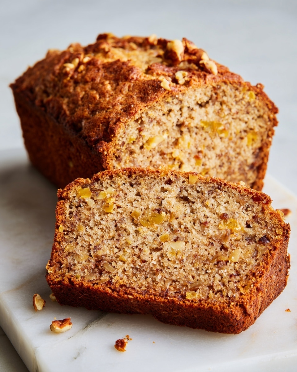 The image shows two thick slices of fruit bread placed on a white marbled surface. The bread's outer crust is a medium-brown color with a rough texture, slightly cracked on top. The inner part of the bread is dense, light brown with small pieces of yellow and darker brown embedded throughout, likely pieces of fruit or nuts. The slices are stacked slightly overlapping, with the front slice resting flat and the back slice leaning against it. There are a few small crumbs scattered on the surface near the bread. Photo taken with an iphone --ar 4:5 --v 7