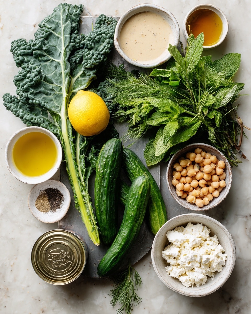 The image shows a metal tray with various fresh ingredients arranged neatly on a white marbled surface. On the left side, there are dark green kale leaves standing upright, next to three medium-sized bright green cucumbers. To the right, a yellow lemon sits among a bunch of fresh green herbs, including mint and dill, which add texture and a variety of greens to the composition. Small white bowls hold light beige tahini sauce and golden honey, along with a bowl of white salt and black pepper mixed together. A larger white bowl contains crumbly white feta cheese, and nearby is a can of light brown chickpeas and a bowl of golden olive oil, completing the natural and fresh ingredient layout. photo taken with an iphone --ar 4:5 --v 7