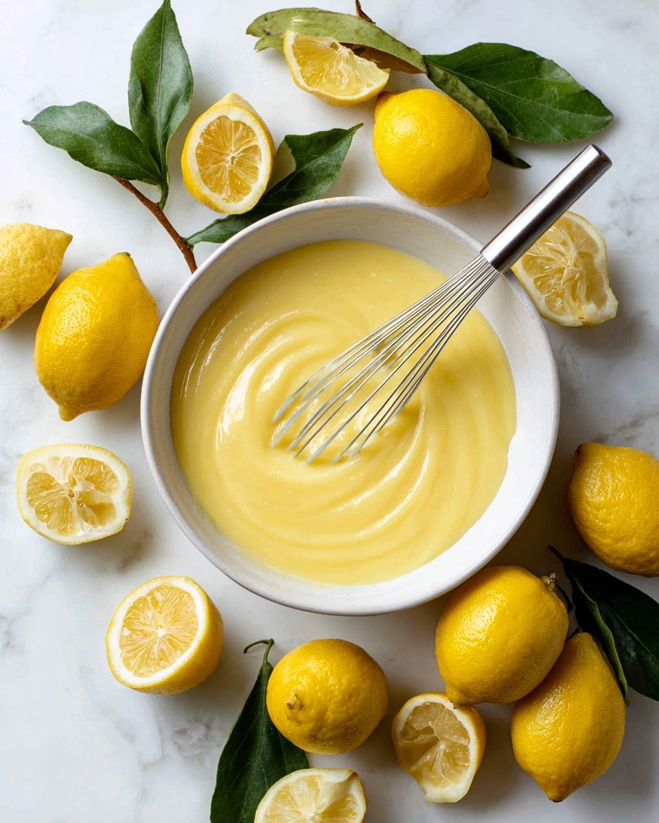 A white bowl filled with smooth, thick lemon-yellow sauce, with a metal whisk resting inside it. Around the bowl, there are halved and whole lemons, some showing bright yellow flesh and others with green leaves attached. The background is a clean white marbled surface, creating a fresh and bright look. Photo taken with an iphone --ar 4:5 --v 7