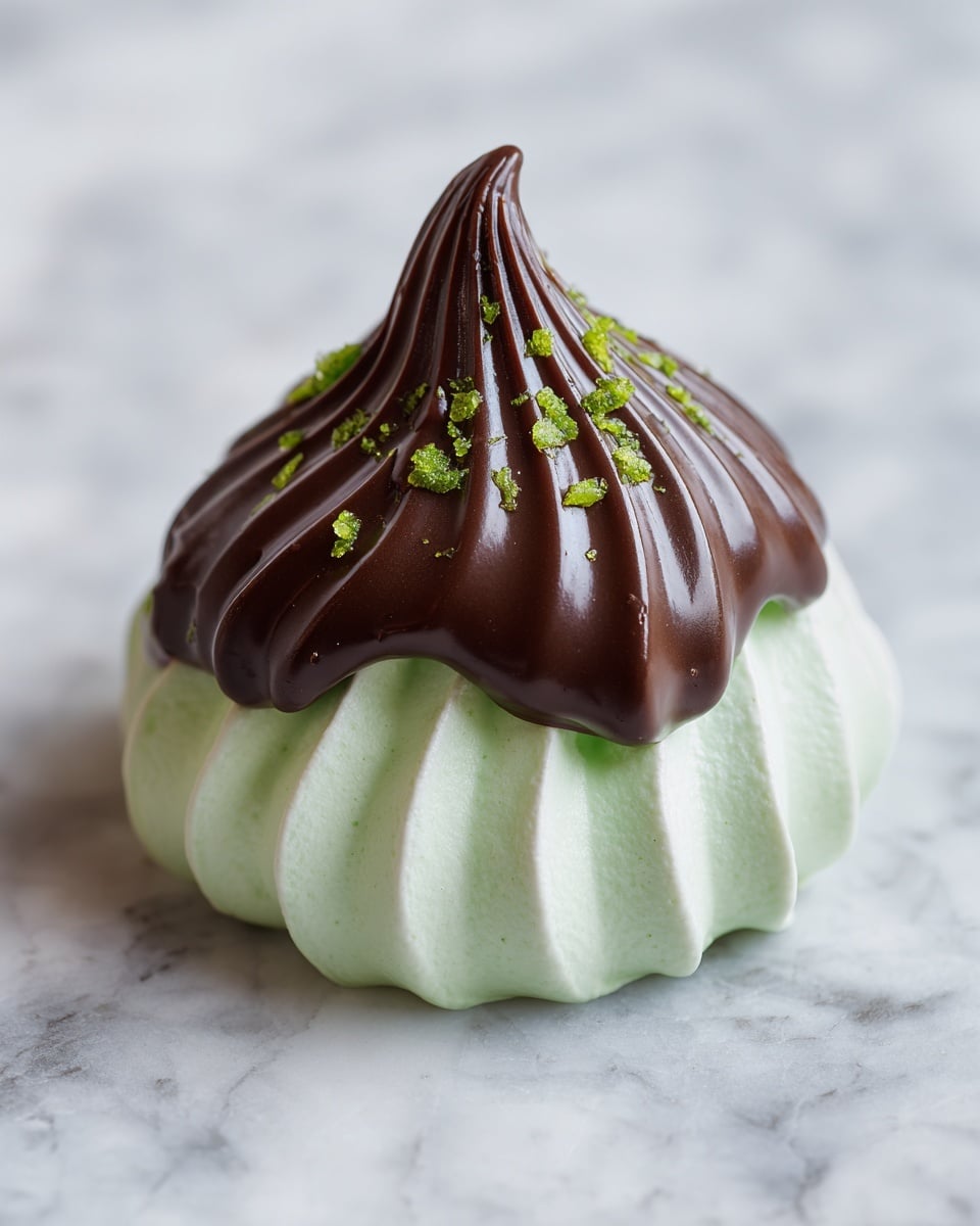 A single dessert with two visible layers sits on a white marbled texture. The bottom layer is a soft, light green meringue with a smooth and airy texture, shaped in a fluted, rounded form. The top layer is a smooth, glossy chocolate coating that drapes over the green meringue in a flowing, slightly pointed shape, with deep ridges that curve outward. Small, bright green sprinkle pieces are scattered on top of the chocolate layer, adding a contrasting color and texture. Photo taken with an iphone --ar 4:5 --v 7
