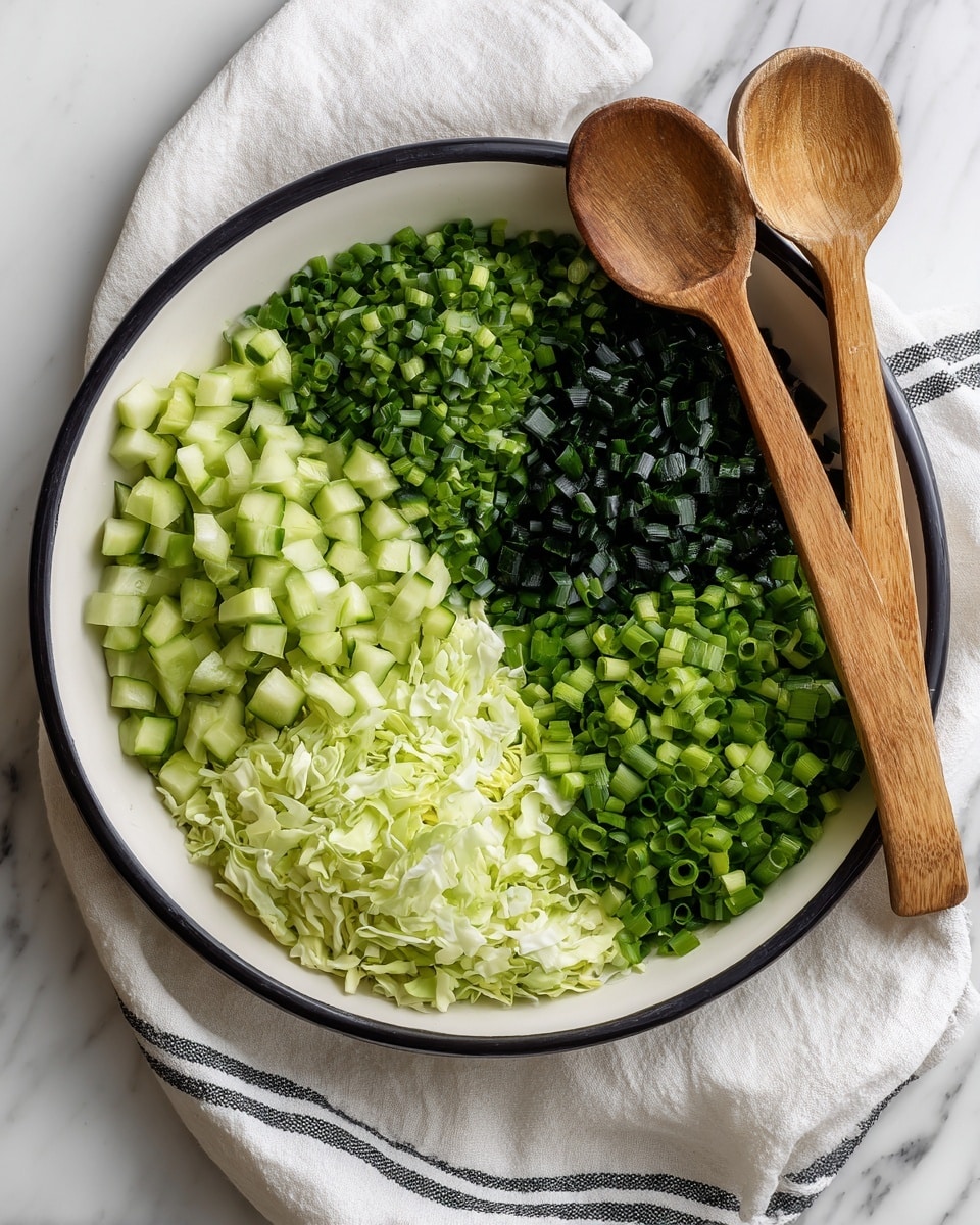A white bowl with a black rim contains four layers of chopped vegetables arranged in sections: light green shredded cabbage at the bottom right, dark and light green chopped scallions on the top right, dark green chopped chives in the center, and pale green diced cucumber on the left. Two small wooden spoons rest on the sides of the bowl. The bowl is placed on a white marbled surface, and a white cloth with black stripes is partially under and around the bowl. photo taken with an iphone --ar 4:5 --v 7