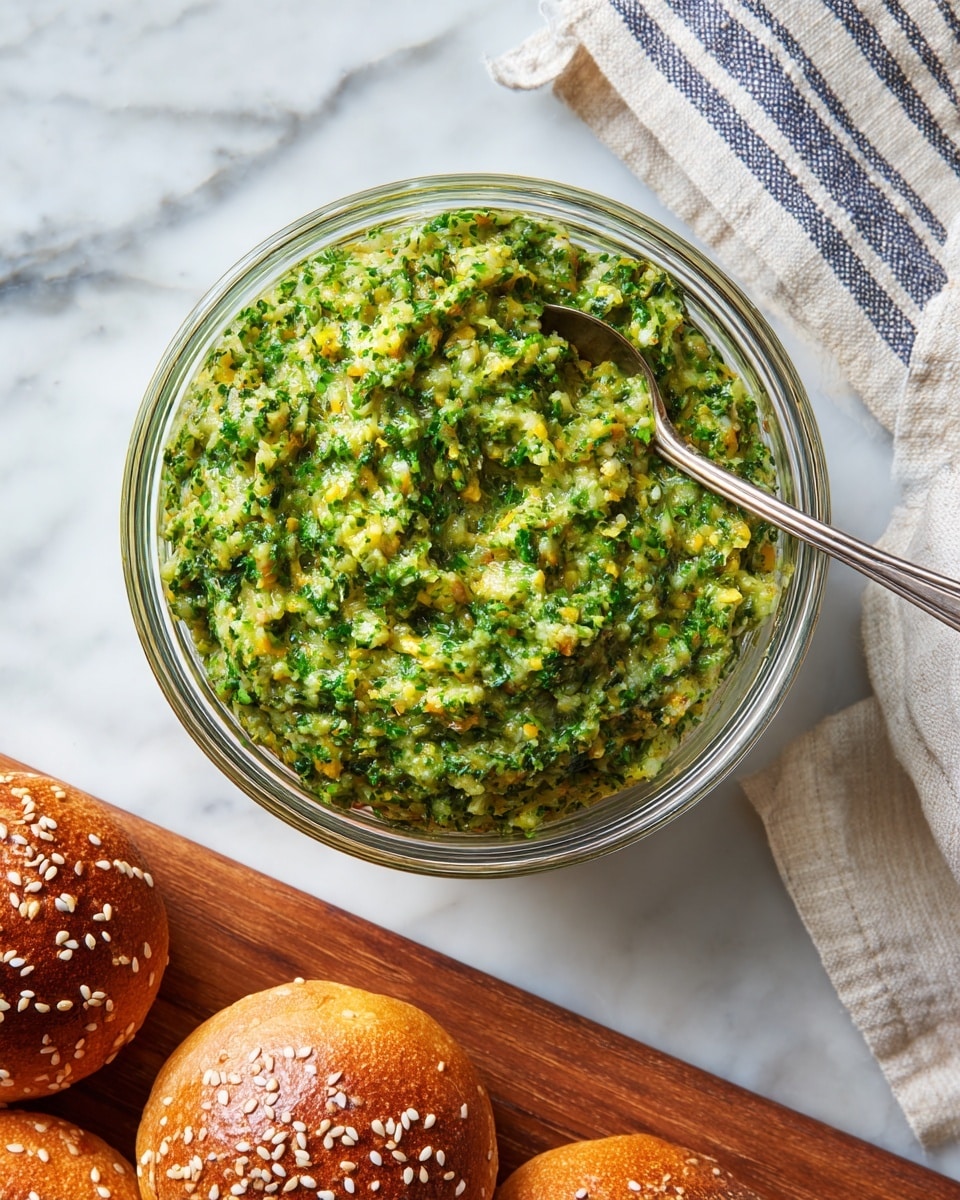 A clear glass bowl filled with a chunky green mixture with bits of yellow, showing a thick texture that looks mashed and mixed. Inside the bowl, a metal spoon is resting. Around the bowl on a wooden surface, there are three sesame seed bagels with a shiny brown top and white sesame seeds sprinkled on them. In the background, a striped cloth is casually placed. The scene is set on a white marbled texture. photo taken with an iphone --ar 4:5 --v 7