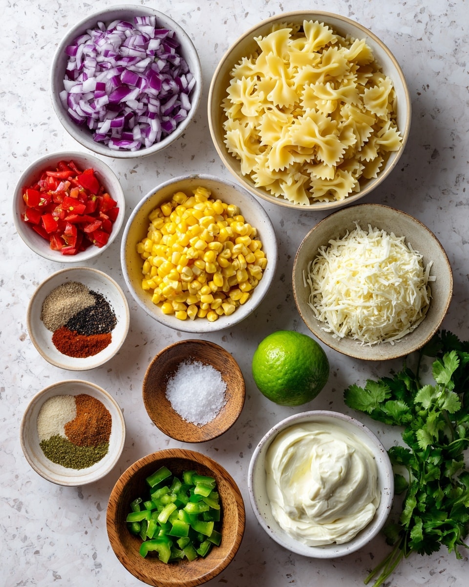The image shows multiple small white bowls arranged on a white marbled surface, each filled with different ingredients. Starting from the top left, there is a bowl of finely chopped red onion in purple and white, next to it a bowl filled with uncooked yellow bowtie pasta. To the right, a bowl contains thick white cream. Below the pasta is a bowl of yellow corn cut from the cob. To the right of the corn is a whole green lime and next to it a small wooden bowl with black pepper. Under the pepper is another small wooden bowl filled with coarse salt. At the bottom left, there are three small white bowls with ground spices in brown, red, and dark red tones from top to bottom. In the center bottom, a bowl holds chopped green peppers, next to it on the right is a bowl with creamy mayonnaise. Further down left, a bowl contains chopped red bell pepper, while a white bowl next to it is filled with finely grated white cheese. Fresh green cilantro leaves occupy the extreme bottom right corner. A whole dark green avocado is partly visible next to the mayo bowl. The shot is bright and clear, arranged neatly. Photo taken with an iphone --ar 4:5 --v 7