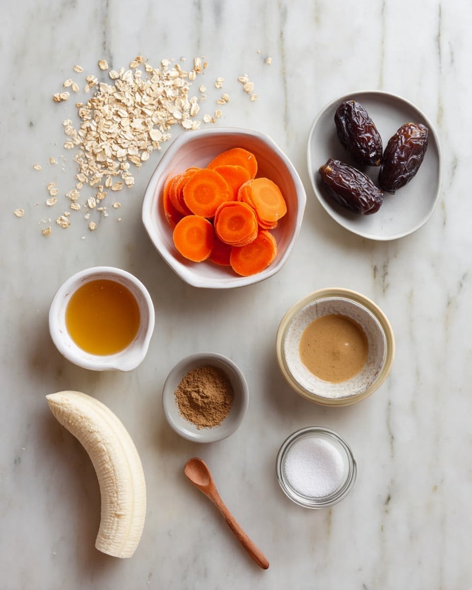 The image shows several small white bowls and dishes arranged on a white marbled surface. One bowl is filled with bright orange carrot slices, another has a light brown sauce, and a third holds two dark brown dates. There is also a white dish with honey, a small grey bowl with a brown powder, another dish with a darker brown powder, and a small glass filled with white granules, likely sugar. On the left side, there is a partly peeled banana with a few banana slices placed next to it. A wooden spoon with some oats rests near the center, with a few oat flakes sprinkled around it. The photo taken with an iphone --ar 4:5 --v 7