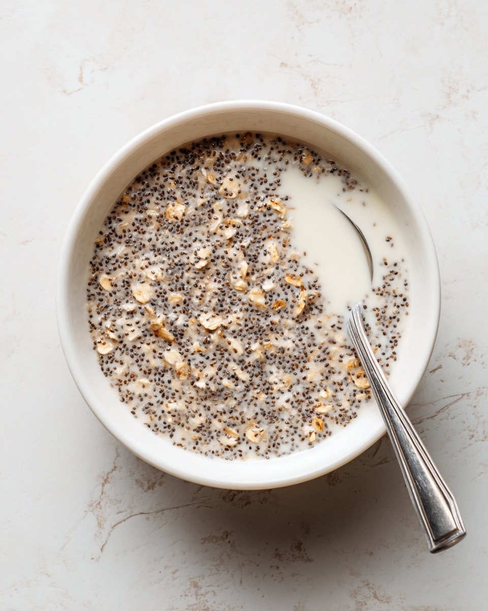 A white bowl filled with a mix of light beige oats and tiny black chia seeds, soaked in creamy white milk that partially covers them. The texture looks soft and thick, with the oats and chia seeds evenly spread throughout the liquid. A silver spoon rests inside the bowl on the right side, its handle extending outside the bowl. The bowl is placed on a surface with a white marbled texture. photo taken with an iphone --ar 4:5 --v 7