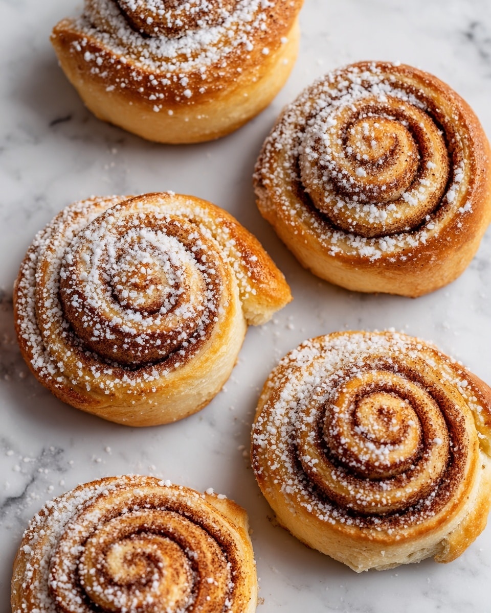 The image shows six cinnamon rolls placed on a white marbled surface. Each cinnamon roll has a spiral shape with two main visible layers: a light golden brown outer dough layer and a darker brown inner cinnamon swirl. The tops and sides of the rolls are generously dusted with white powdered sugar, giving a slightly grainy texture on the surface. The rolls look soft with a slight crust on the edges. They are arranged loosely without touching each other. Photo taken with an iphone --ar 4:5 --v 7