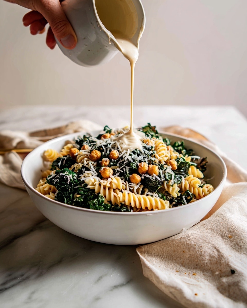 A white bowl filled with spiral pasta mixed with dark green kale leaves and small golden brown chickpeas, topped with a sprinkling of grated white cheese. A woman's hand pours a thick creamy light beige dressing over the pasta in the center of the bowl. The bowl sits on a white marbled surface with a soft beige cloth nearby. Photo taken with an iphone --ar 4:5 --v 7