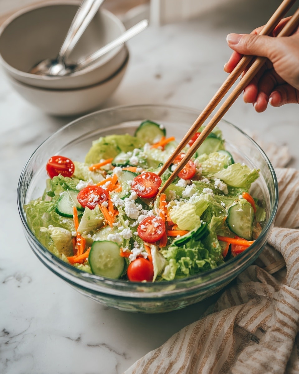 A fresh salad in a clear glass bowl placed on a white marbled surface with a beige and white striped cloth nearby. The salad has three main layers: the base of bright green leafy lettuce, a mix of light green cucumber slices, red cherry tomato halves, and thin orange carrot strips scattered evenly on top, and a sprinkling of white crumbled cheese over everything. A woman's hand is holding light brown wooden chopsticks, picking up some of the salad from the right side of the bowl. In the background, two stacked white bowls with metal spoons inside are slightly blurred. Photo taken with an iphone --ar 4:5 --v 7