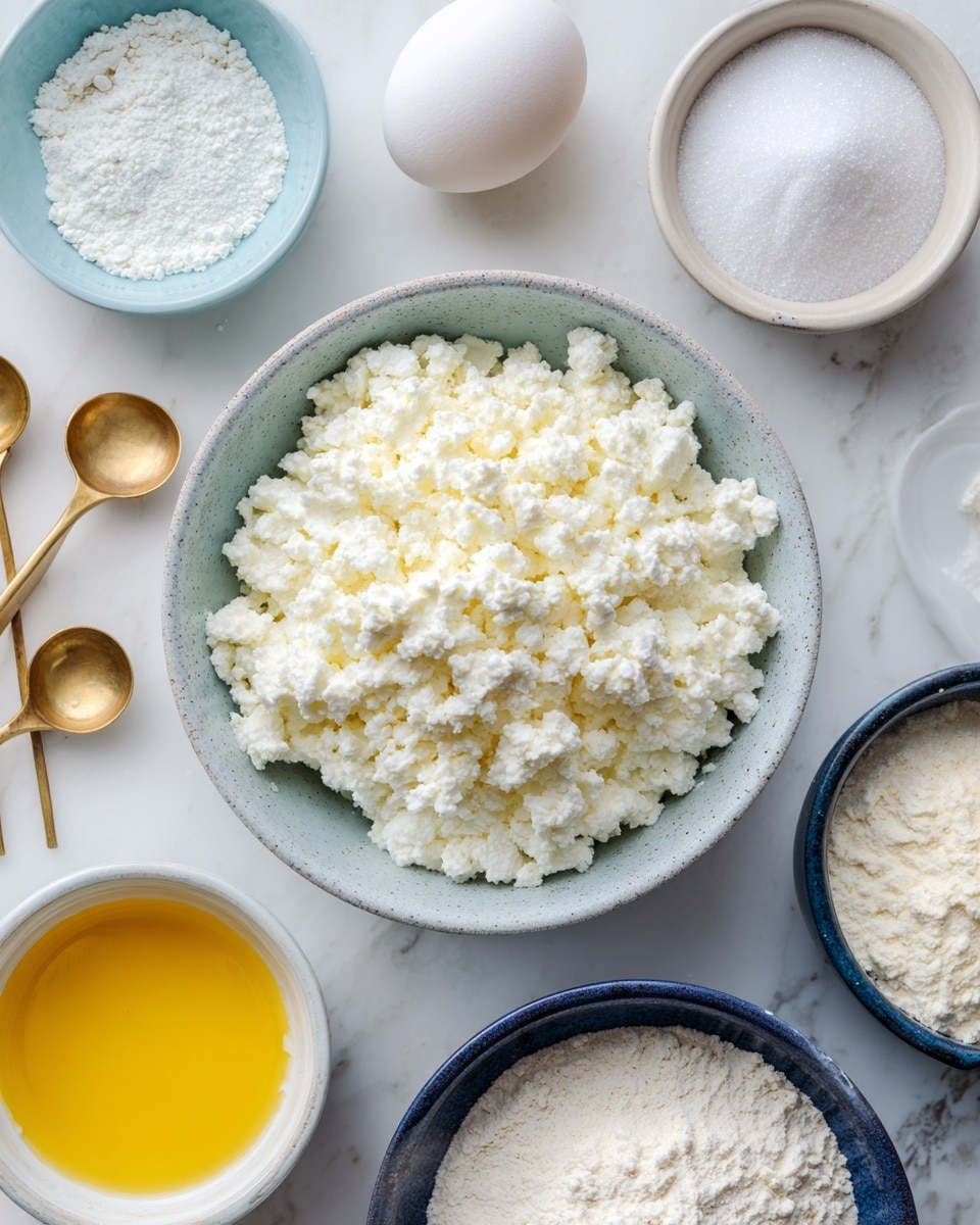 A bowl filled with white crumbly curds sits in the center of a white marbled surface, surrounded by several small bowls and items: a light blue bowl with white powder on the left top, a single white egg on the right top, a small white bowl with granulated white sugar on the right side, a dark blue bowl filled with white flour below the sugar, another light blue bowl holding melted yellow butter on the left bottom corner, and two golden measuring spoons placed next to the blue bowl of butter. The setup has a clean and simple look with a soft natural light. photo taken with an iphone --ar 4:5 --v 7