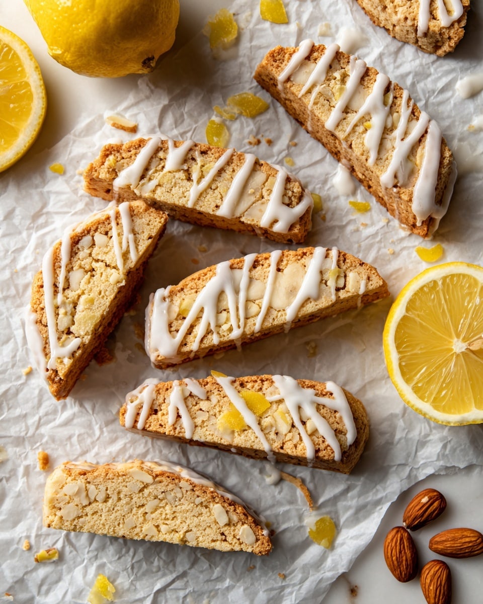 Several golden-brown biscotti biscuits are spread unevenly on crumpled white parchment paper over a white marbled surface. Some biscotti are plain with a firm, crumbly texture, while others have a shiny white icing drizzled in thin diagonal lines on top. Two lemon halves, one whole and one partially used, with a bright yellow rind and juicy interior, are placed among the biscotti. A few scattered whole almonds are also visible near the bottom right corner, adding a darker brown contrast to the pale tones of the cookies and lemons. photo taken with an iphone --ar 4:5 --v 7