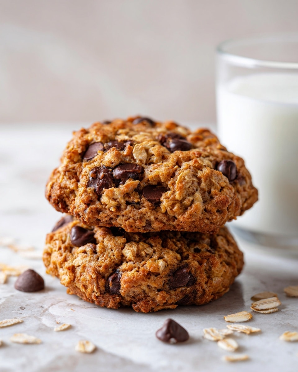 Two oatmeal cookies with visible oats and dark chocolate chips are stacked on a white wooden surface with some oat flakes scattered around. The cookies have a rough texture and a golden brown color with darker spots where the chocolate chips are. In the background, a glass container filled with milk is partially visible. The photo shows a close-up view with a soft focus on the cookies and a plain white marbled texture in the background. photo taken with an iphone --ar 4:5 --v 7