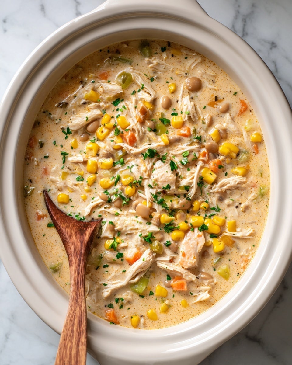 A white slow cooker bowl filled with a creamy soup that has a light orange color. The soup contains small chunks of shredded white meat, yellow corn kernels, light brown beans, and small pieces of green peppers, all mixed together in a thick and smooth texture. A wooden spoon with a curved handle is resting inside the soup on the left side. The bowl sits on a white marbled surface. photo taken with an iphone --ar 4:5 --v 7