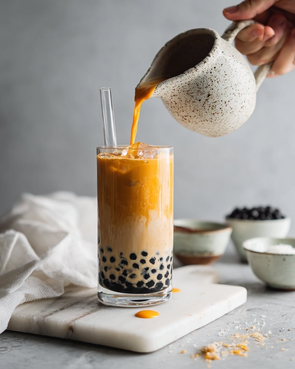A clear glass filled with three layers: at the bottom, black tapioca pearls; the middle layer is light brown creamy milk tea; the top layer being poured is a thick orange sauce flowing from a speckled white ceramic pitcher held by a woman's hand; inside the glass is a wide clear straw. The glass sits on a white marbled board with small crumbs around it, and there's a blurred white cloth and small white bowls with dark and white contents in the background. photo taken with an iphone --ar 4:5 --v 7