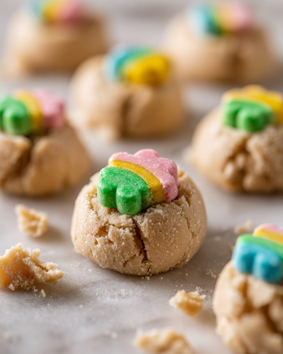 The image shows several small, round scoops of light tan cookie dough placed on a white marbled surface covered with baking paper. Each dough scoop has a colorful small candy piece pressed into the top, with visible colors like green, yellow, pink, and blue, shaped in fun designs such as a rainbow or clover. The dough has a slightly rough and soft texture, with some small loose dough bits next to each scoop. The focus is on the dough ball in the center with a rainbow candy, and the background is softly blurred. Photo taken with an iphone --ar 4:5 --v 7