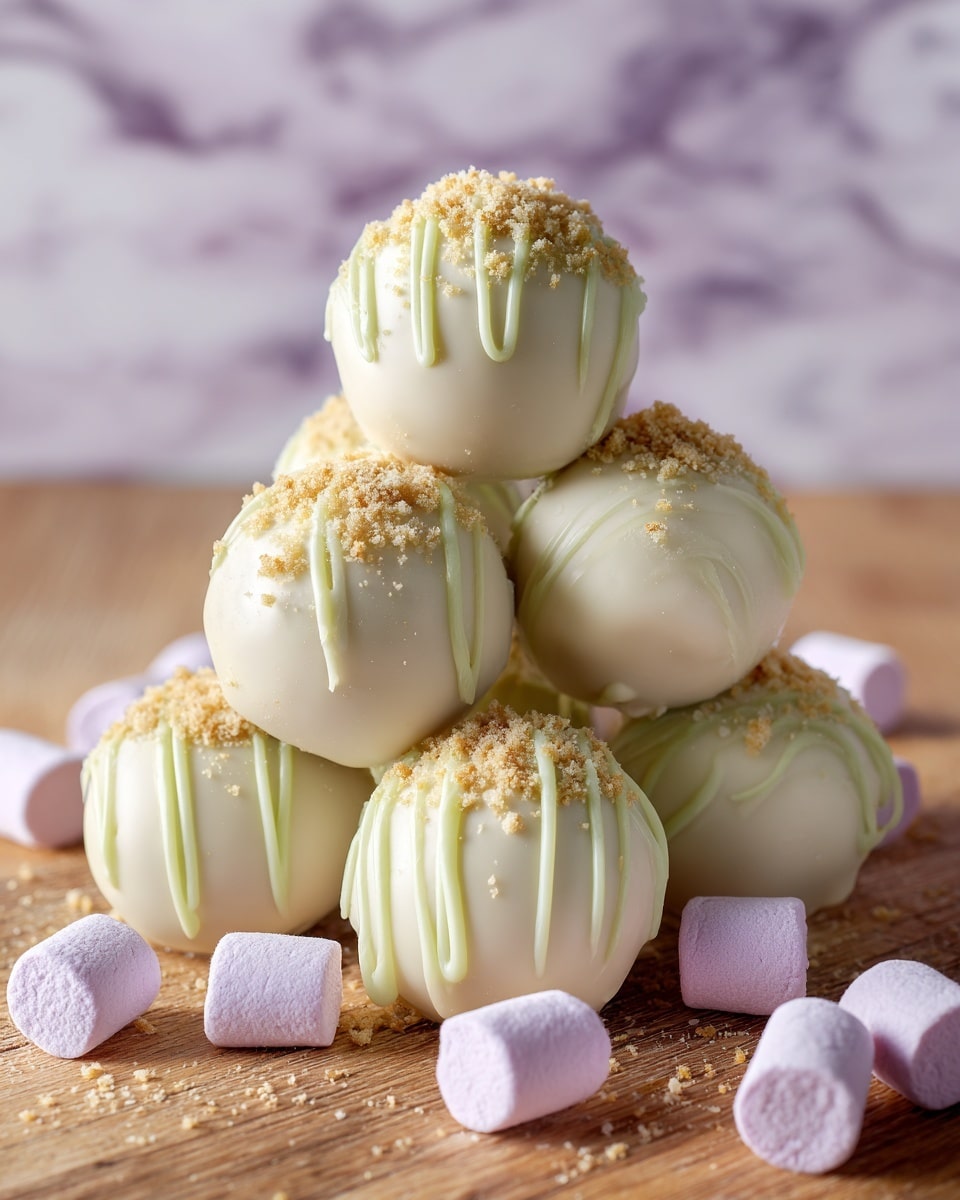 A stack of six round dessert balls covered in smooth white coating forms the main focus, each topped with light green drizzle lines running vertically and a sprinkle of fine crumbly beige topping at their peaks. The balls rest on a wooden surface with pastel pink and purple small marshmallow pieces scattered around them in the front. The background is simple with a soft white marbled texture, keeping attention on the sweets. Photo taken with an iphone --ar 4:5 --v 7