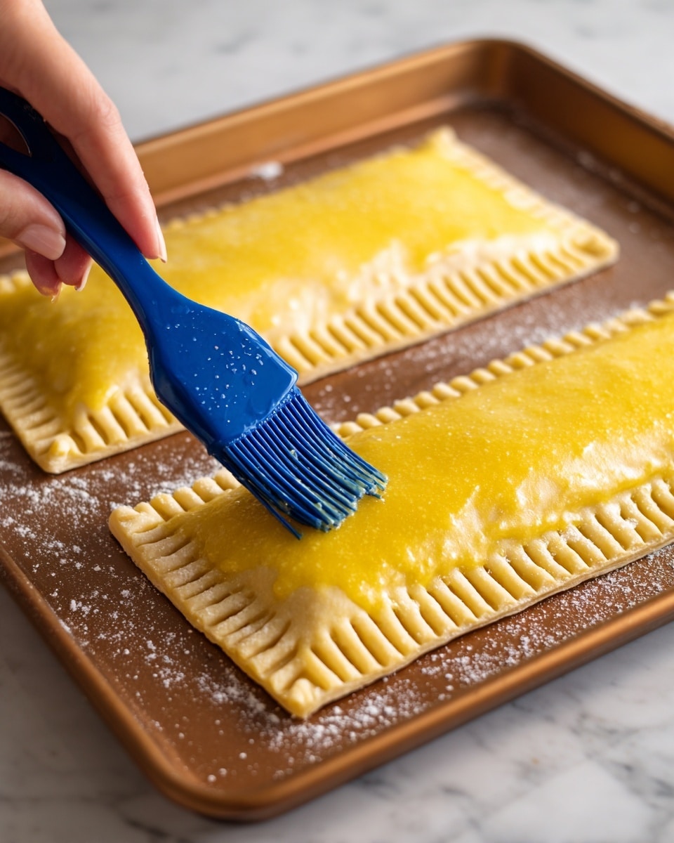 The image shows two raw rectangular pastries with sealed edges, laid on a brown baking sheet. The pastries have a shiny yellow surface from an egg wash being brushed on by a blue silicone brush held by a woman's hand. The edges of the pastries are pressed down with a fork pattern, adding texture and sealing the filling inside. The background is a white marbled surface. photo taken with an iphone --ar 4:5 --v 7