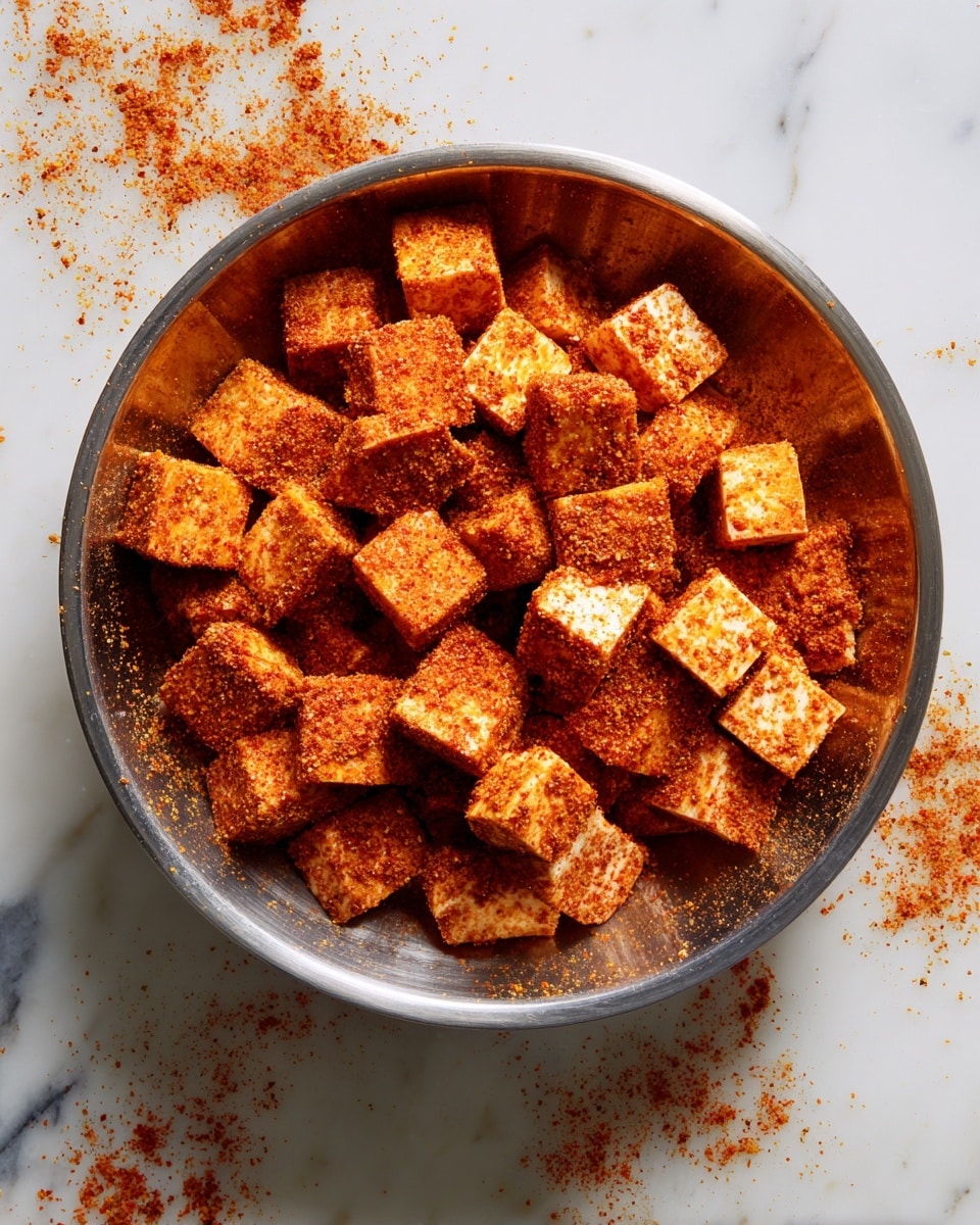 A large silver bowl sits on a white marbled surface filled with small white tofu cubes coated evenly in an orange-red spice powder, giving the cubes a rough textured look. The tofu pieces are arranged loosely in a single layer, some cubes slightly overlapping. The inside of the bowl shows splashes and scattered bits of the same orange seasoning, adding a dusted effect. photo taken with an iphone --ar 4:5 --v 7