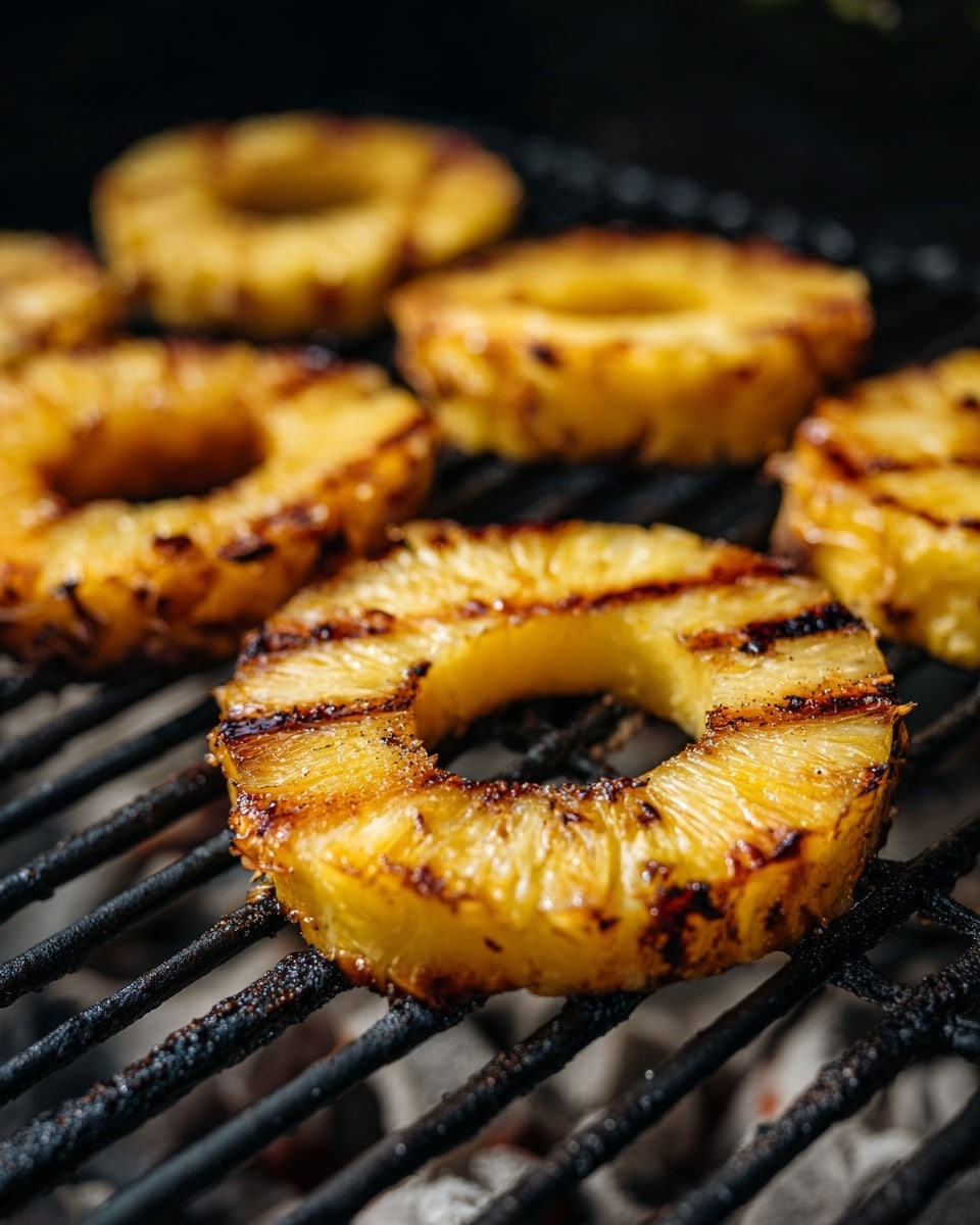 The image shows several thick pineapple rings being grilled on a black metal grill. Each ring is golden yellow with some light brown grill marks and a slightly caramelized texture. The pineapples are placed directly on the grill bars, with visible gaps underneath showing glowing charcoal. The background has a soft, white marbled texture. photo taken with an iphone --ar 4:5 --v 7
