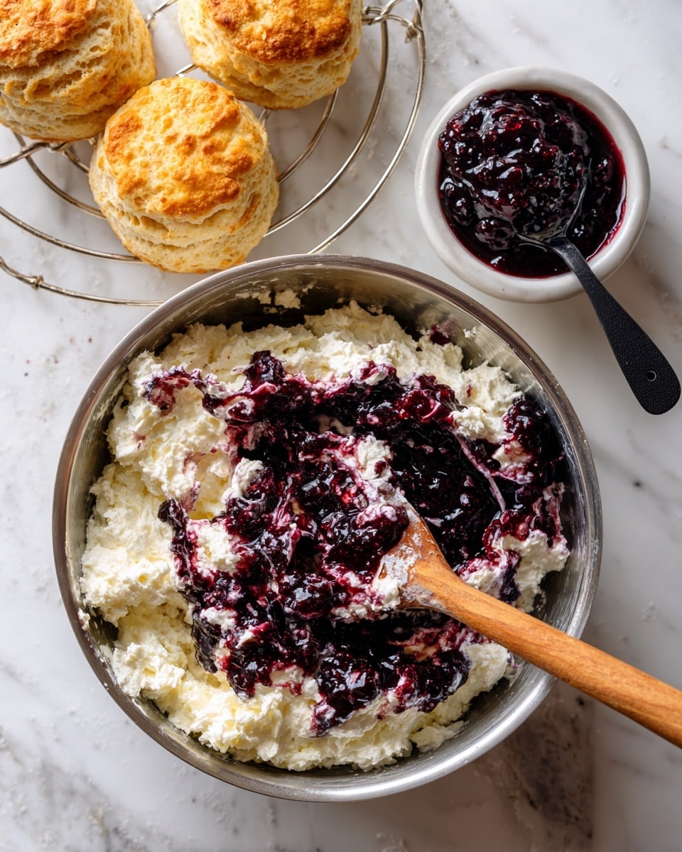 A shiny silver bowl holds a mix of two layers: a white fluffy cream base and a thick dark purple berry jam swirled together unevenly, creating a marbled effect. A wooden spoon with a light handle rests inside the bowl, partially covered in the mixture. In the background, two round golden brown scones sit on a silver wire rack beside a small white bowl filled with more dark purple jam, a black spoon inside it. The whole scene is set on a white marbled surface. photo taken with an iphone --ar 4:5 --v 7