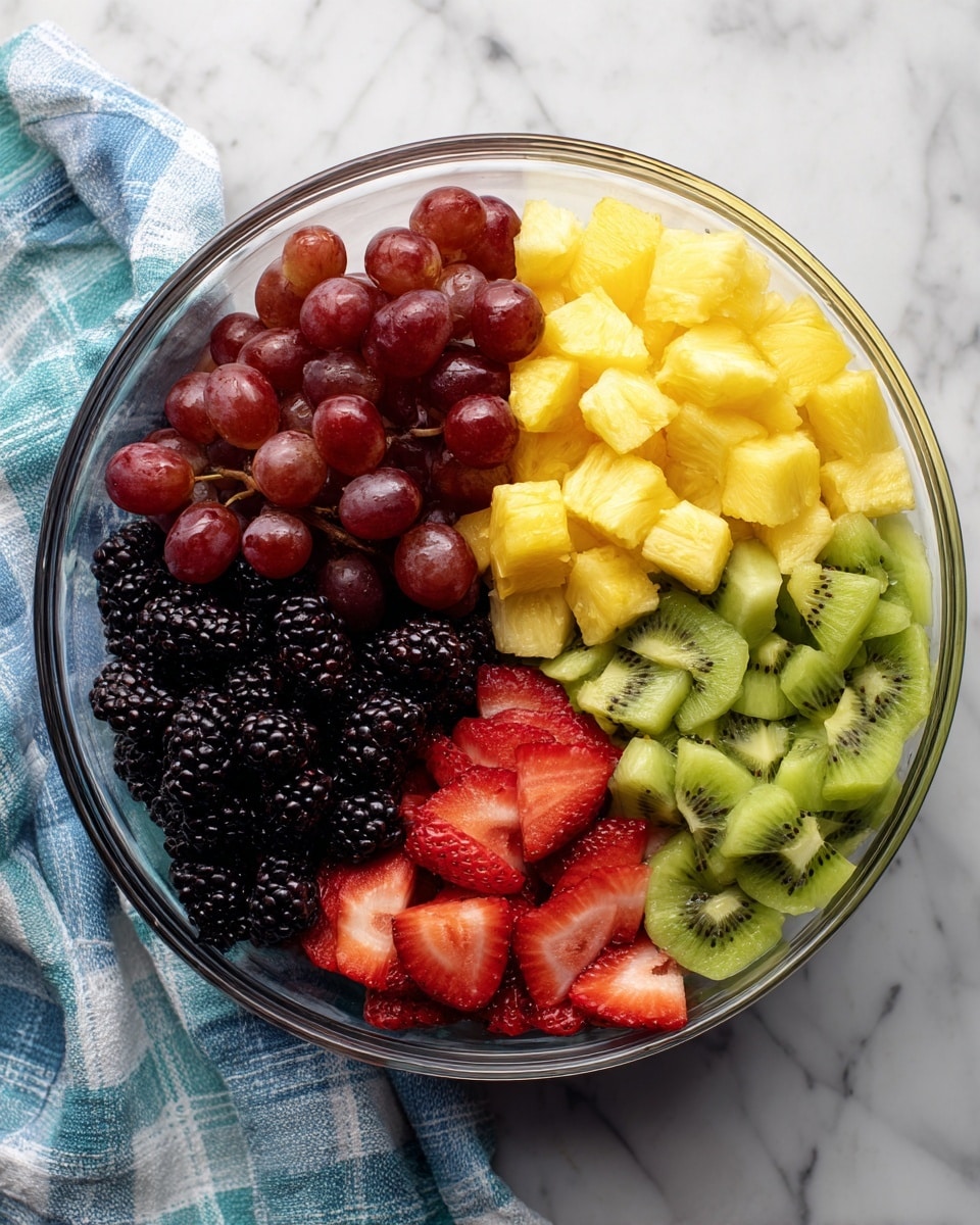 A clear glass bowl sits on a white marbled surface, filled with five layers of fresh fruit arranged side by side. Starting from the left, round dark red grapes form the first layer, followed by a dense cluster of blackberries with their bumpy texture. Next is a bright yellow layer of cubed pineapple pieces, then thin round slices of kiwi fruit with green skin and small black seeds. The final layer on the right consists of sliced strawberries showing their red interiors and seeds. A blue and white checkered cloth lies next to the bowl. Photo taken with an iphone --ar 4:5 --v 7