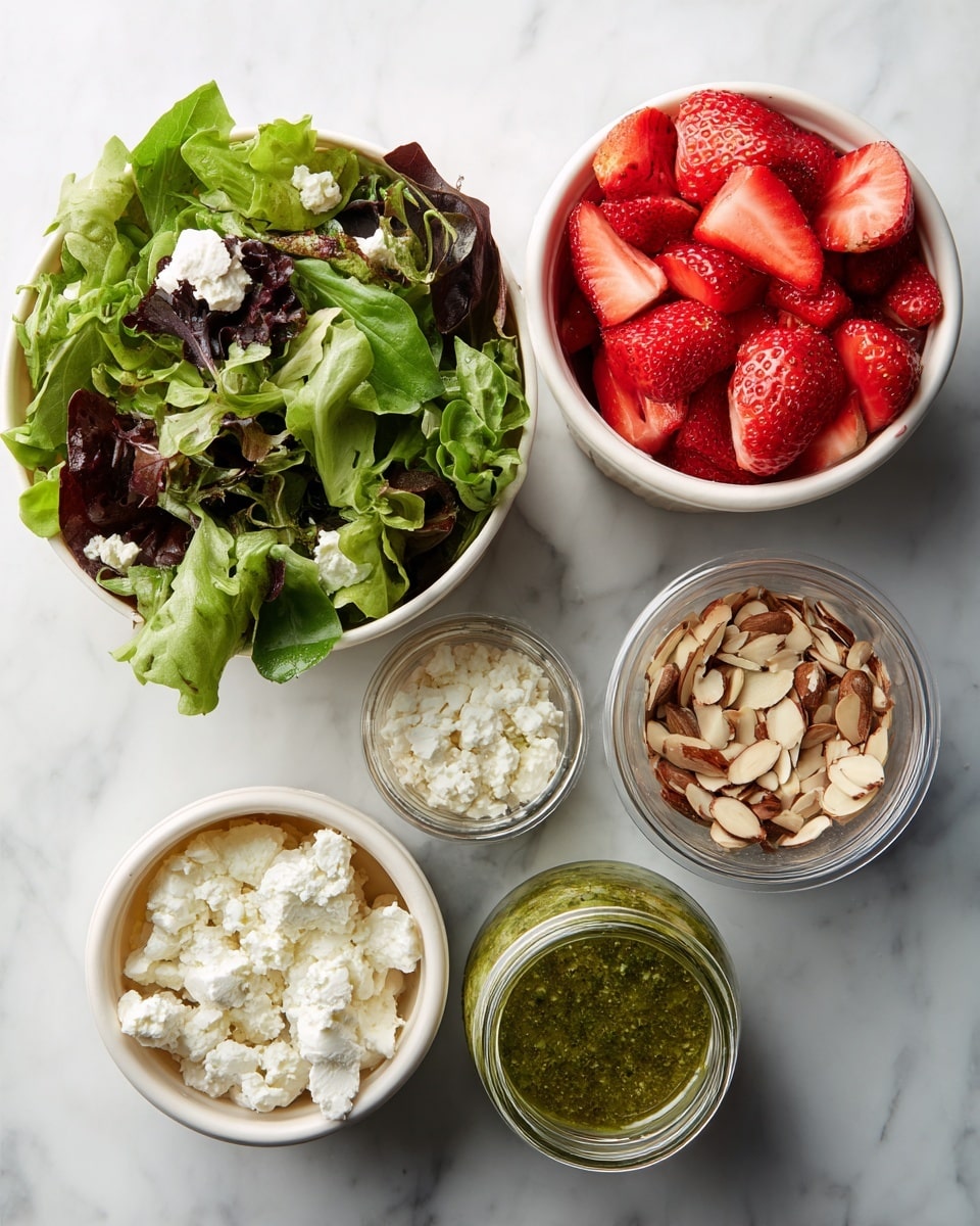 A top view of five separate white containers on a white marbled surface, each holding different salad ingredients: a bowl filled with mixed greens made of various leafy light and dark green leaves, a bowl of bright red strawberries cut in halves, a small container of white crumbly goat cheese, a tiny jar with beige and brown slivered almonds, and a small glass jar lying on its side filled with green basil vinaigrette dressing. The ingredients are spaced apart, arranged neatly in a loose grouping. Photo taken with an iphone --ar 4:5 --v 7