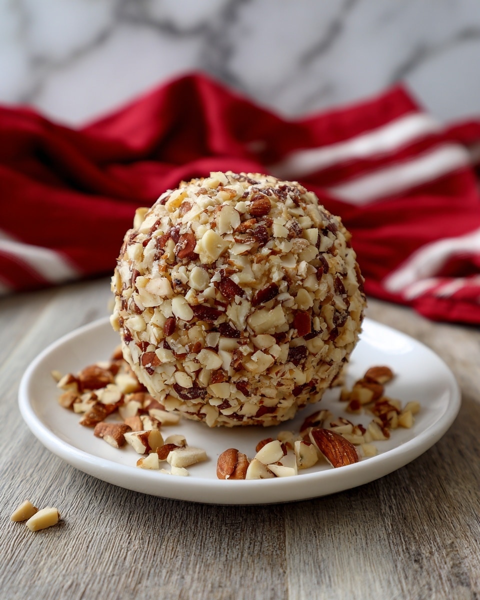 A large round ball covered fully with small chopped brown and cream nuts, placed on a white plate, with more chopped nuts scattered around the base, sitting on a wooden surface with a white marbled texture behind it. In the background, a red cloth with white stripes is softly blurred. Photo taken with an iphone --ar 4:5 --v 7