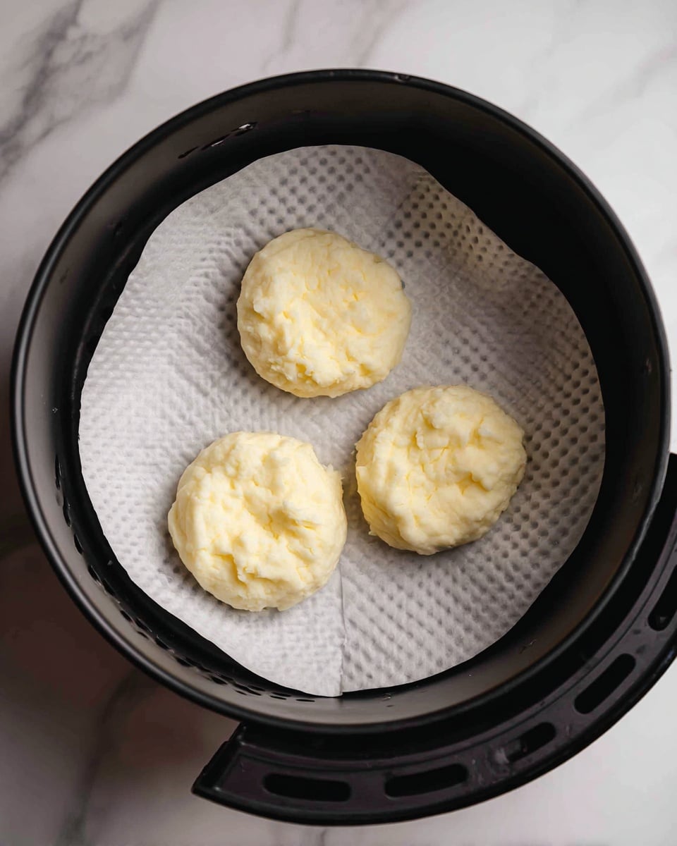 The image shows three round, pale yellow patties with slightly uneven surfaces placed evenly in a triangle shape on a white, perforated circular paper inside a black air fryer basket. The air fryer basket’s black grid texture is visible through the paper holes and around the edges, and the whole setup rests on a white marbled surface. The patties have a soft, moist look with a lightly crumbly texture on top. photo taken with an iphone --ar 4:5 --v 7