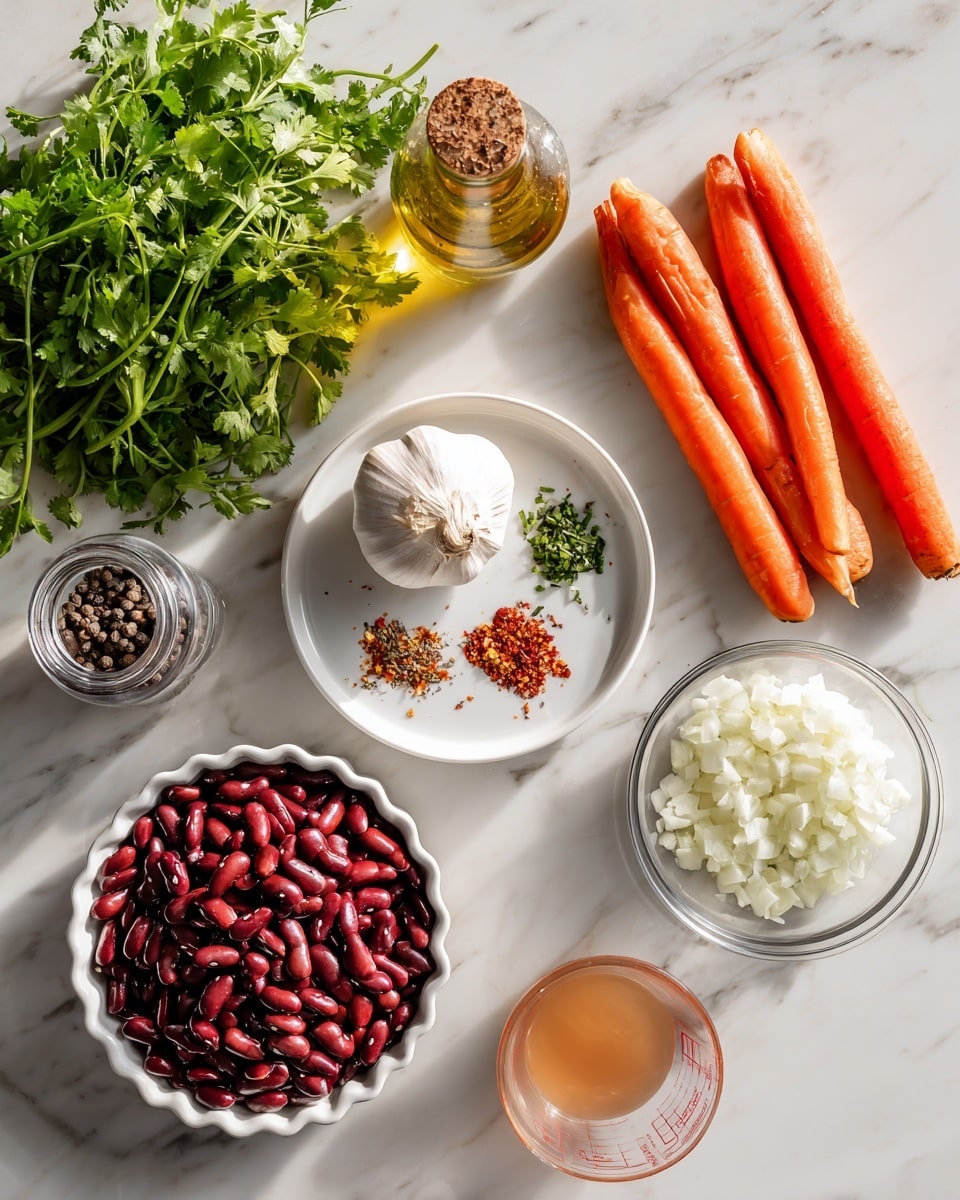 The image shows an arrangement of ingredients on a white marbled surface. At the top left, there is a bunch of fresh green cilantro with delicate leaves. Next to it is a clear glass bottle filled with golden oil, centrally placed. To the right, there are three long, bright orange carrots with smooth skin. Below the cilantro and oil, there is a white round plate holding a whole head of garlic in the center, with small piles of red chili flakes, green herbs, and brown ground spices around it. To the right of the carrots, there is a clear glass bowl filled with finely chopped white onions. Near the bottom left, there is a white fluted tart pan holding a generous pile of deep red kidney beans. At the bottom right, a transparent measuring cup contains a light orange-brown liquid. A clear pepper grinder filled with black peppercorns is on the left side. Everything is brightly lit and neatly arranged. Photo taken with an iphone --ar 4:5 --v 7