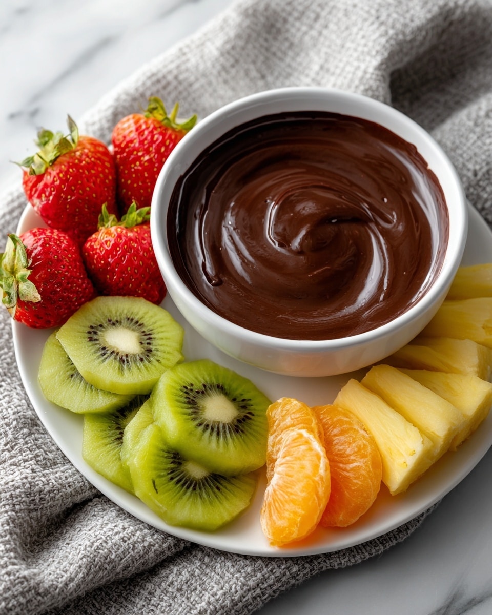 A white bowl filled with smooth, shiny melted dark chocolate sits on a white marbled surface with a soft gray and white cloth nearby. Next to it is a white plate with four sections of fruit: bright green kiwi slices arranged in a circular arc along the plate edge, four whole ripe strawberries with green tops in the center, a small stack of yellow pineapple chunks, and peeled orange segments lined up at the plate front. The colors are vivid, and the textures range from glossy chocolate to juicy, fresh fruits. photo taken with an iphone --ar 4:5 --v 7
