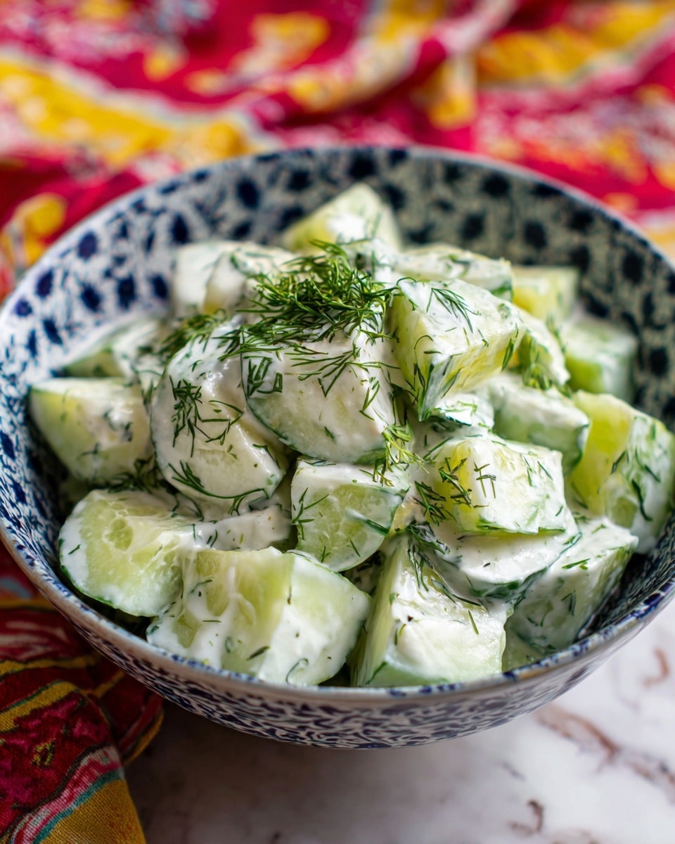 A bowl filled with a cucumber salad showing two main layers: the first layer consists of light green cucumber pieces with a smooth, creamy white dressing covering them, and the second layer is scattered with finely chopped fresh dark green dill leaves on top, all held in a white bowl with dark blue patterns, sitting on a white marbled textured surface with a colorful red, yellow, and white fabric in the background, photo taken with an iphone --ar 4:5 --v 7