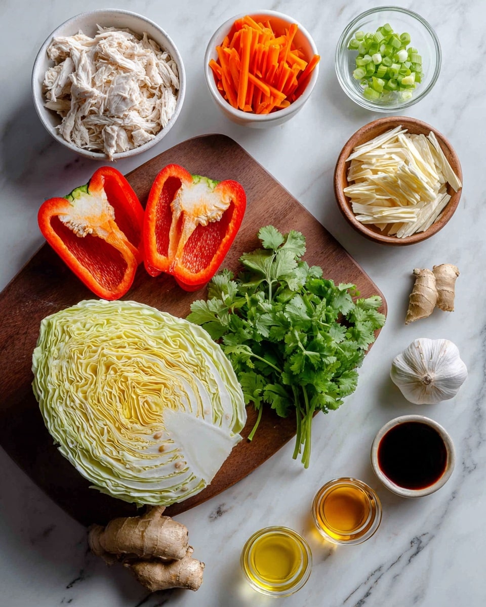The image shows several ingredients arranged on a white marbled surface with a wooden board. On the board, there is a large half of a pale yellow and white leafy cabbage, two halves of a bright red bell pepper with seeds inside, and a bunch of fresh green cilantro leaves scattered around. To the left, a white bowl filled with shredded cooked chicken sits near a clear glass bowl full of thin orange carrot sticks and a small white bowl with chopped green onions. On the right, a round wooden bowl contains light-colored strips that look crunchy. Various small containers with liquids like golden oil, dark soy sauce, and honey are placed near the bottom, along with two slices of fresh ginger and a garlic bulb beside them. The whole setting looks fresh and colorful. photo taken with an iphone --ar 4:5 --v 7
