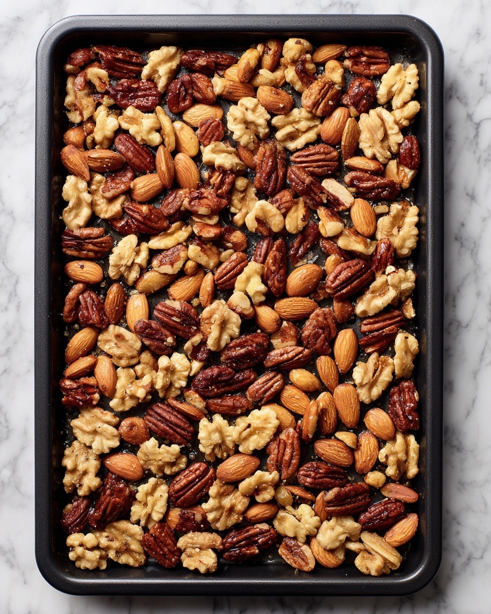 A black baking tray filled with a single layer of mixed nuts spread evenly across it. The nuts include walnuts with their light brown, slightly rough texture and irregular shapes, pecans that are deeper brown and smooth with ridges, and almonds that are oval-shaped and a medium brown shade. The nuts have a light coating of seasoning, giving them a slightly shiny look. The background is a white marbled surface. photo taken with an iphone --ar 4:5 --v 7