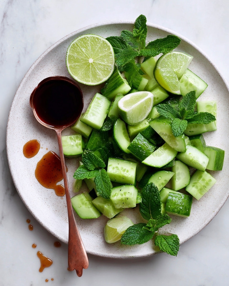A white plate with water drops holds green cucumber and lime pieces cut into chunks and wedges scattered across the plate. Fresh green mint leaves rest on the side of the plate. A copper measuring spoon filled with dark liquid lies on the left side of the plate with a few drops spilled nearby. The plate is placed on a white marbled surface. photo taken with an iphone --ar 4:5 --v 7