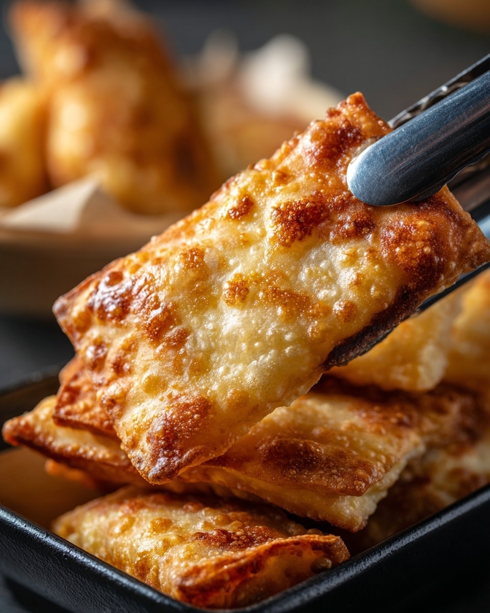 A close-up view of a golden brown fried pastry held by black metal tongs, showing a bubbly, crispy texture on the surface with darker golden spots. Below, in a black container, there are more similar rectangular pastries with the same golden color stacked loosely. The background is soft and blurred, focusing on the pastry and tongs. photo taken with an iphone --ar 4:5 --v 7