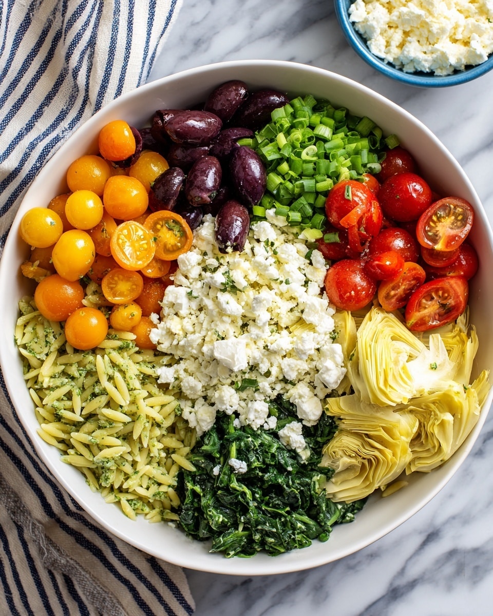 A white bowl filled with six distinct layers, starting with green pesto-covered orzo pasta on the left, followed by dark purple olives below it, bright green chopped spinach at the bottom right, pale yellow artichoke hearts at the middle right, finely chopped light green scallions above the artichokes, and a mix of red and orange halved cherry tomatoes on the top center; in the middle of the bowl, there is a heap of crumbly white cheese. The bowl is placed on a white marbled surface with a striped cloth nearby and a small blue bowl of more crumbly white cheese to the top right, photo taken with an iphone --ar 4:5 --v 7