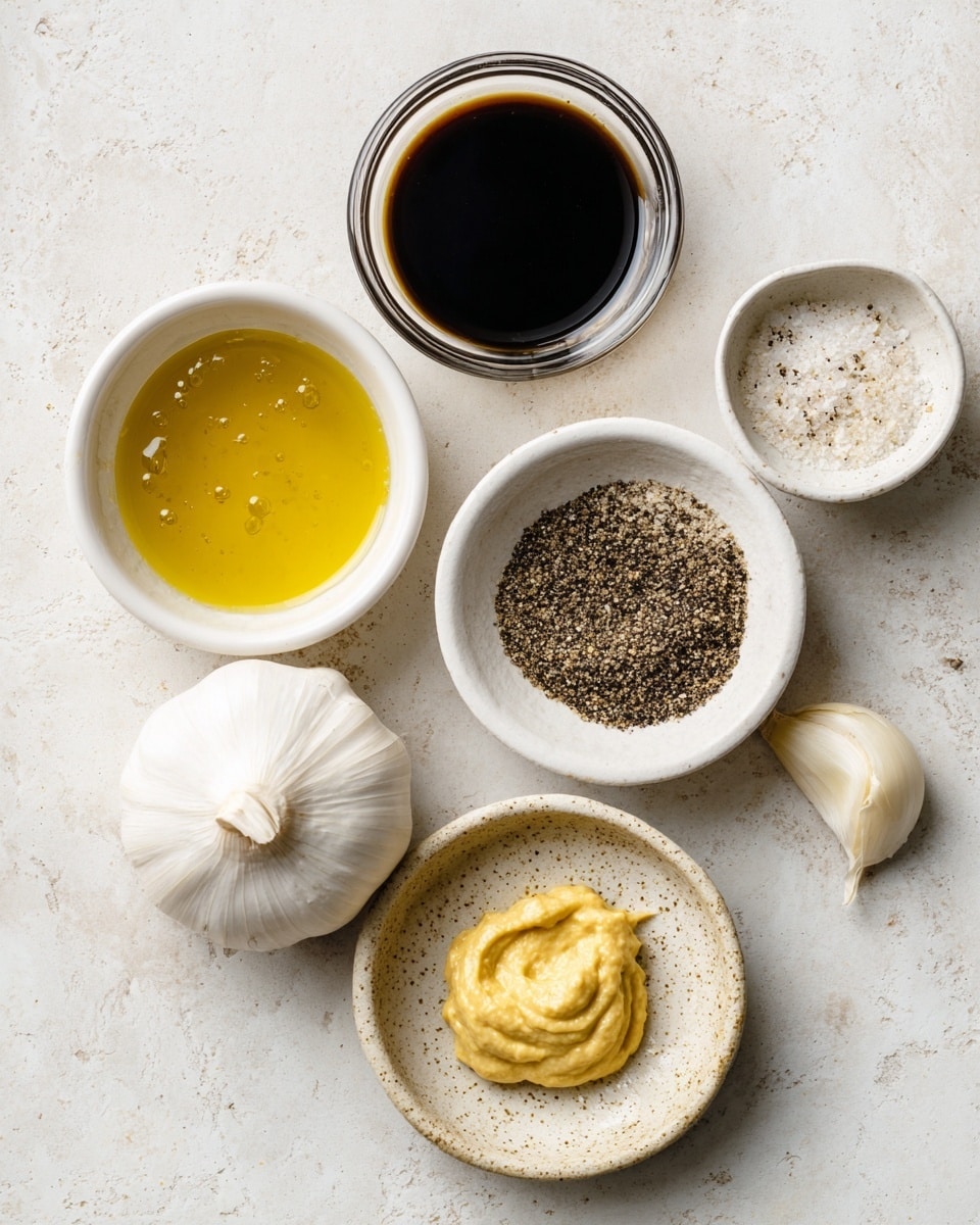 Several small white bowls sit on a white marbled surface, each filled with different ingredients. At the top, a glass bowl holds dark brown balsamic vinegar with a smooth surface. To the right, a small bowl contains coarse salt mixed with black pepper, textured with both fine white grains and rough black pepper pieces. On the left, a white bowl filled with pale golden honey has a few small bubbles on its surface. Below that, a whole white garlic bulb is placed directly on the surface. On the right side below the salt, a white bowl shows clear golden-yellow olive oil with a soft shimmer. At the bottom, a speckled white plate holds a small dollop of light yellow Dijon mustard with a thick, creamy texture. Photo taken with an iphone --ar 4:5 --v 7