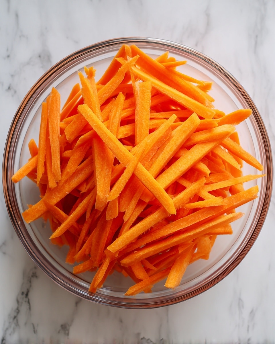A clear glass bowl filled with many thin orange carrot sticks, all evenly sliced and layered loosely inside. The bowl sits on a white marbled surface and shows the bright, smooth texture of the carrot sticks, which are fresh and crisp looking. photo taken with an iphone --ar 4:5 --v 7